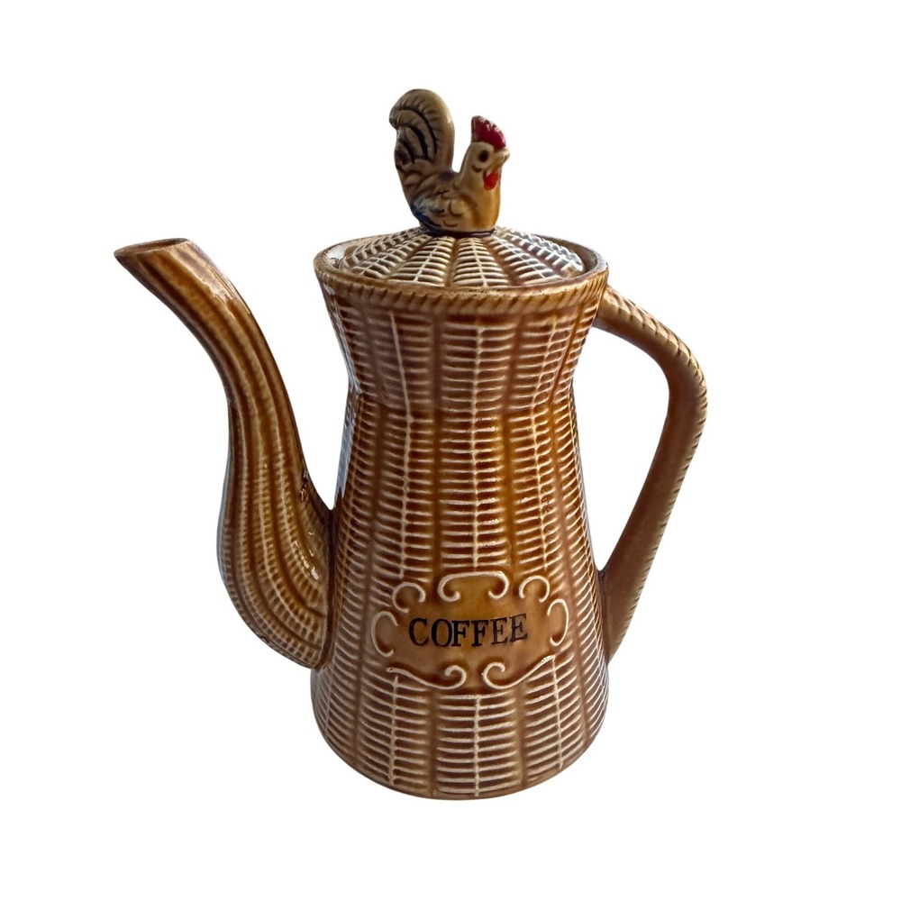 Vintage Rooster Basketweave Ceramic Coffee Pot Sugar Bowl & Jam Jar Set Brown - Picture 4 of 14